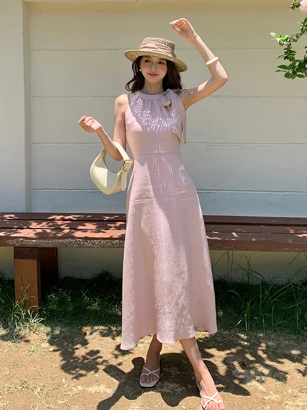 

Elegant Knot Belted Neckline Long Dress Women's Summer New Style Commute Ladylike Midi Skirt Thin Fabric A-Line