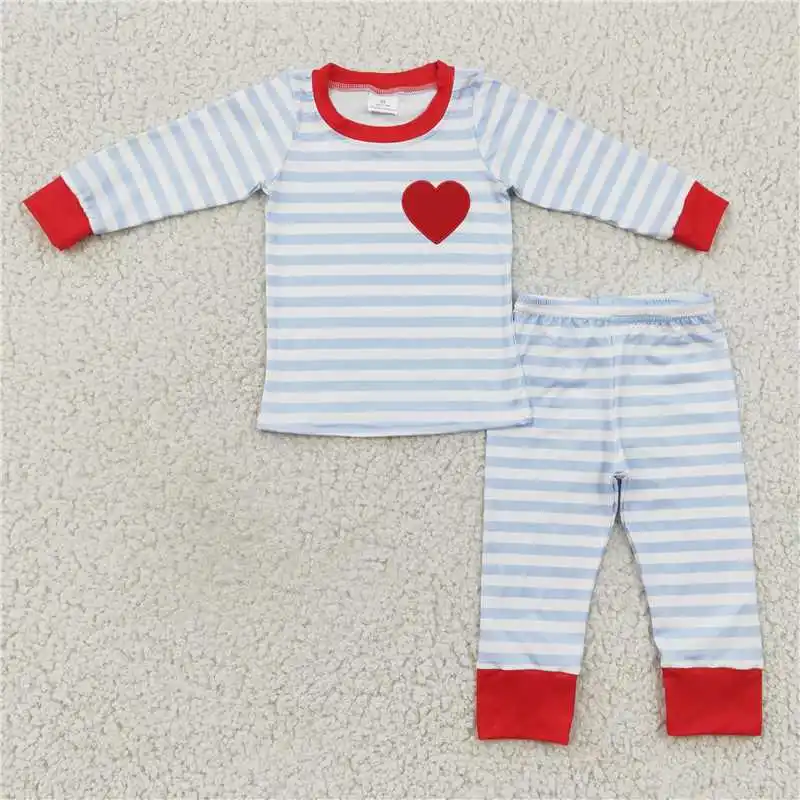 

Boys Embroidered Heart Blue Stripe Long Sleeve Trousers Set