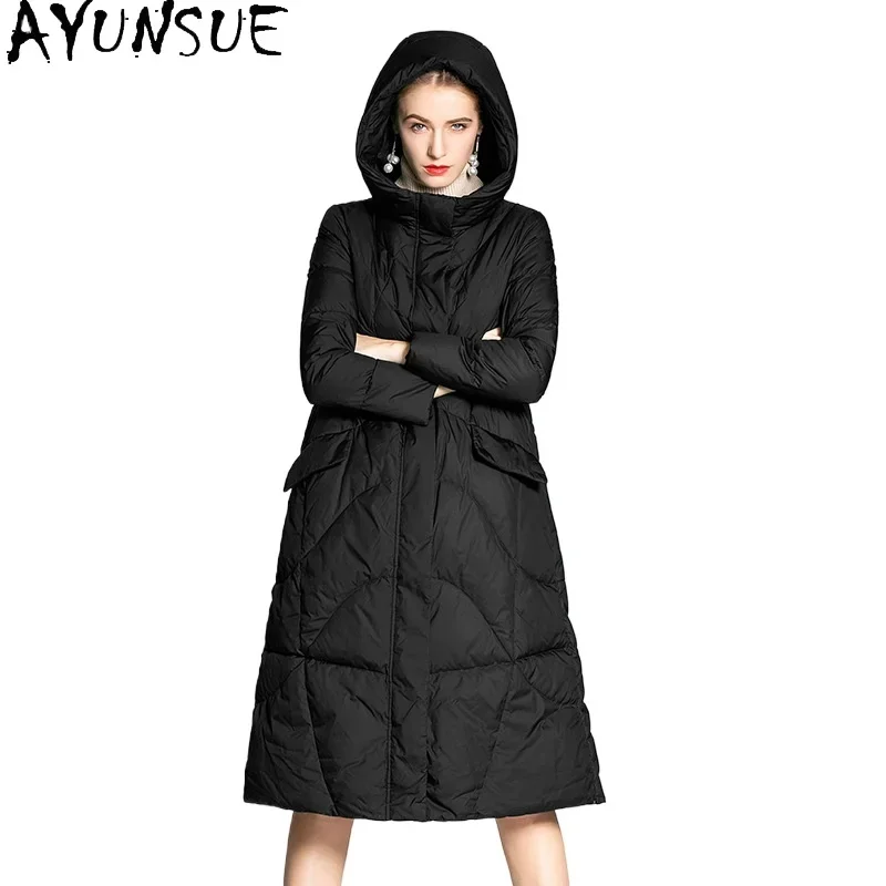 AYUNSUE White Duck Down Puffer Jacket Women Luxury Long Down Coats Winter Warm Clothes New Arrivals Outerwears 2024 Пуховики