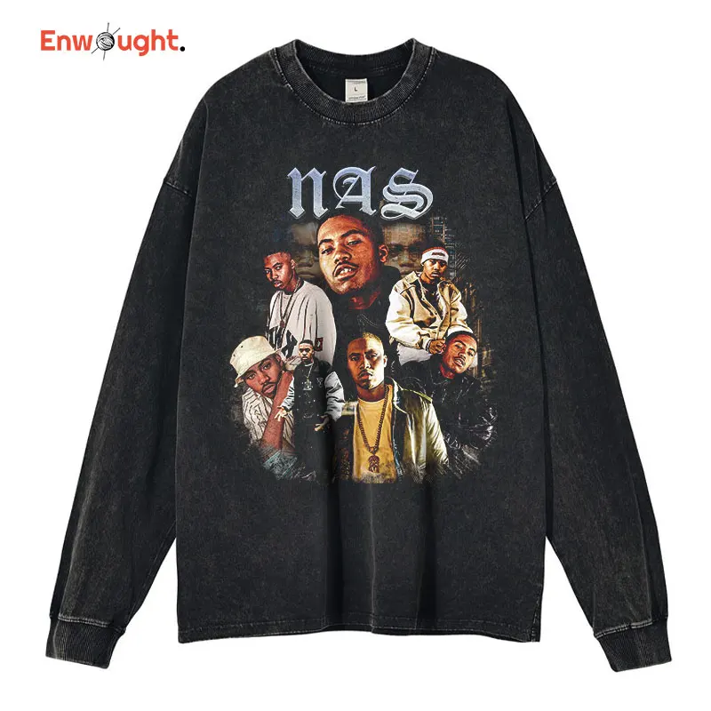 

N.A.S. Long Sleeve T-shirt Vintage Washed Hip Hop Rapper Singer Nas Sweatshirts Pullover Oversized Harajuku Tops Tees Men Cotton