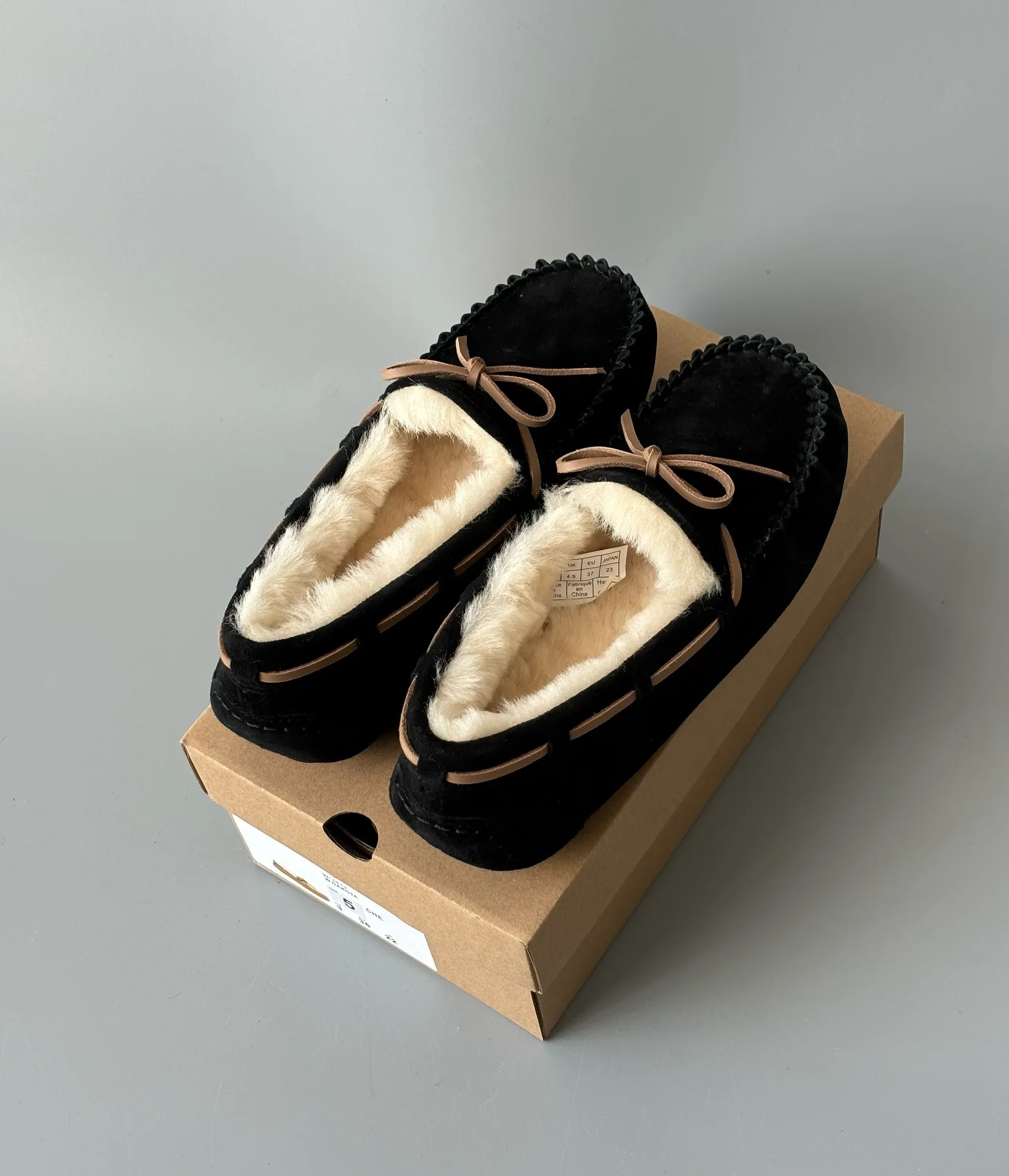 Dave&Di Australian Fur Integrated Suede Snow Shoes Women Bow Casual Commuting Slip-On Loafers Women Moccasin Shoes