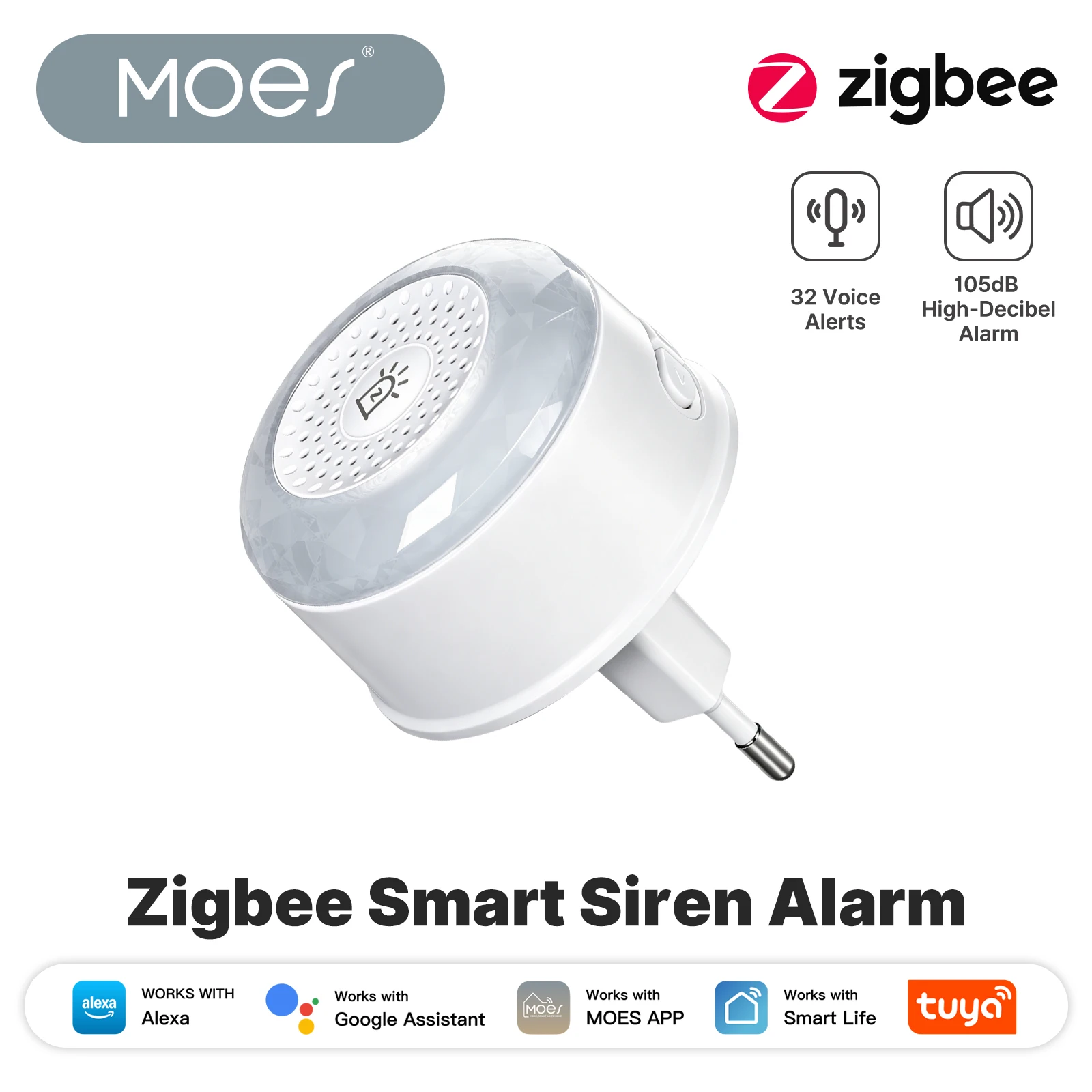 MOES Tuya Zigbee Slimme Sirene met Stekker, RGB Ademend Licht, Spraakwaarschuwingen, Hoge Decibel, Werkt met Alexa en Google Home, Beveiliging
