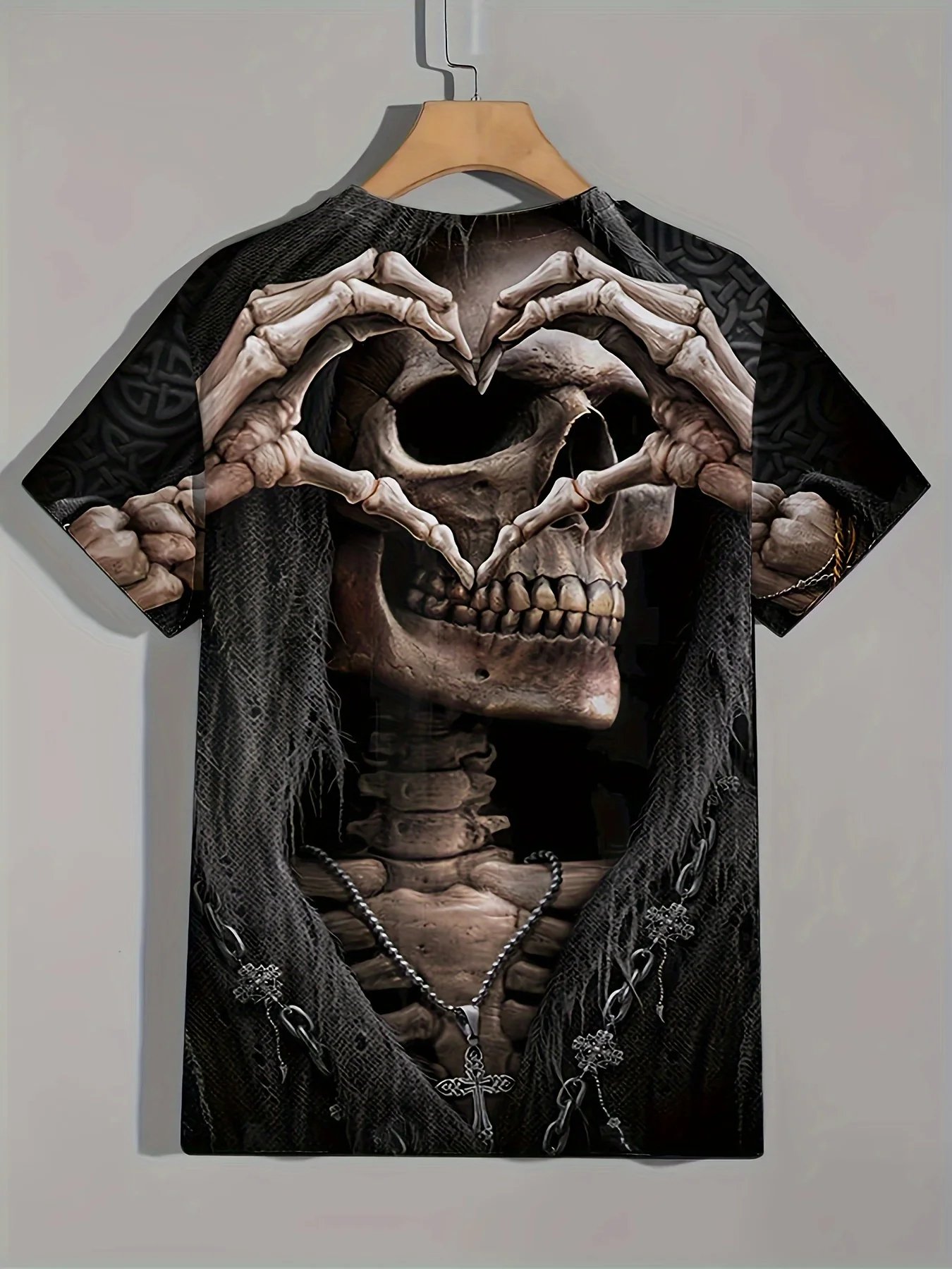 Camiseta عادية الفقرة hombre ، camisa gotica con estampado de manecillas de cuore y calavera ، camisseta negra de manga #2