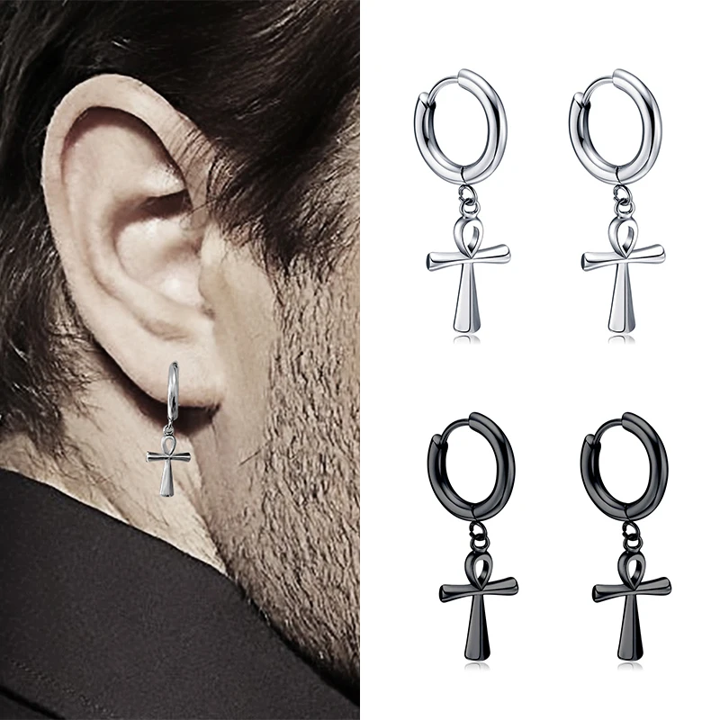 Men Trendy Hip-Hop Rock Cross Earrings Male Simple Personality Fashion Anka Stainless Steel Eardrop Boy Street style Ear jewelry