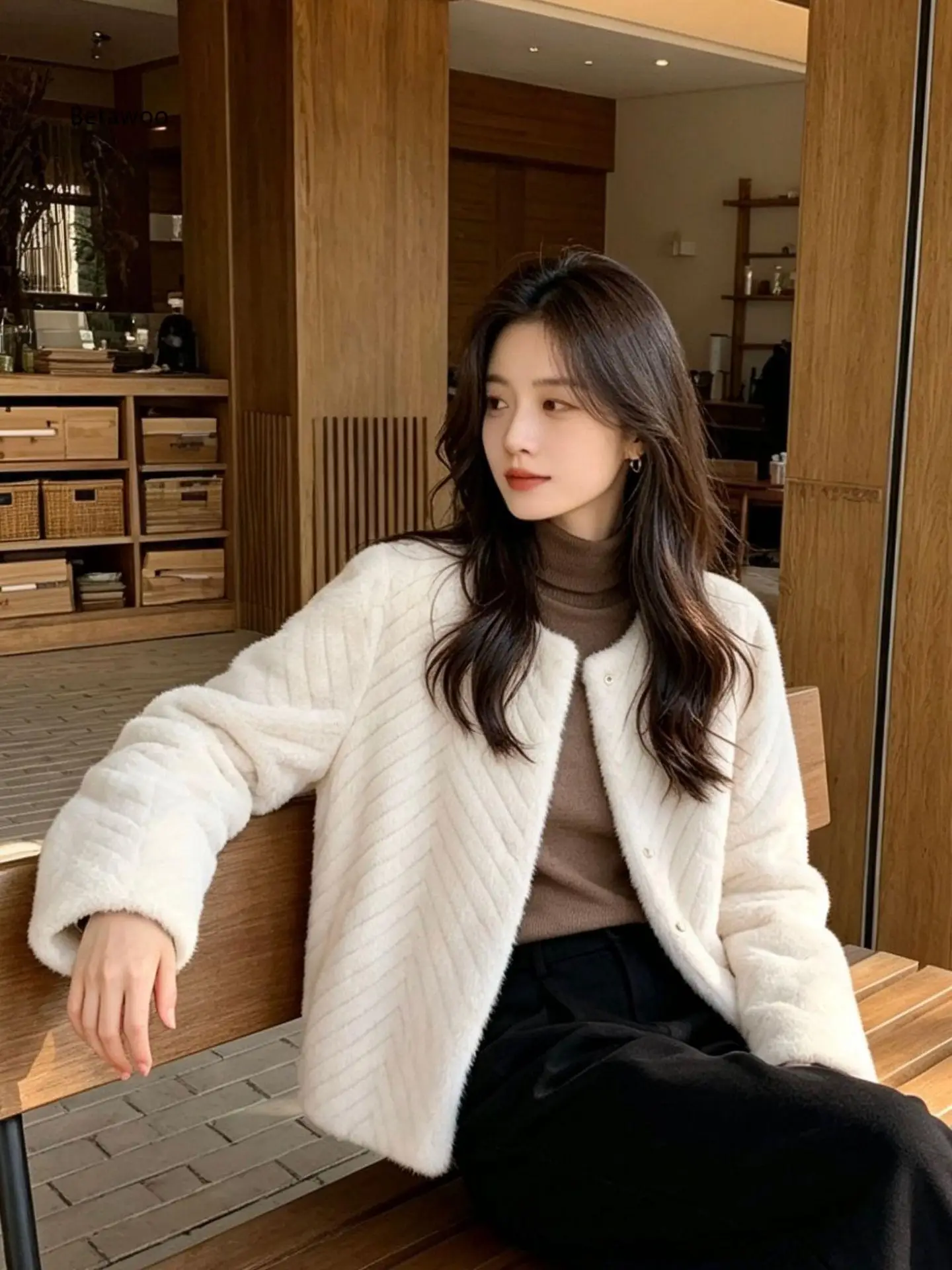 Womens short round collar faux fur coat mink like texture leather interlayer design plush outerwear stylish winter overcoat