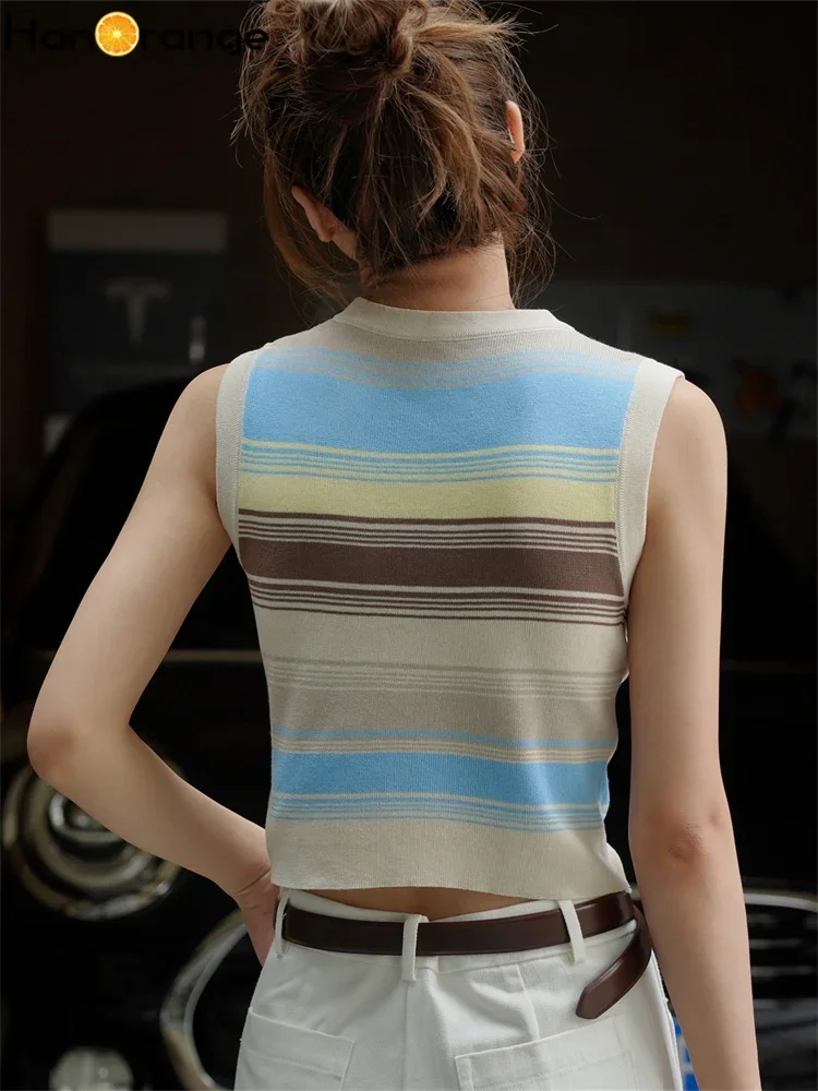 HanOrange 2024 Spring Strecth Stripe Racerback Tank Women Slim Fit Comfortable Folding Short Top Female Blue/Coffee