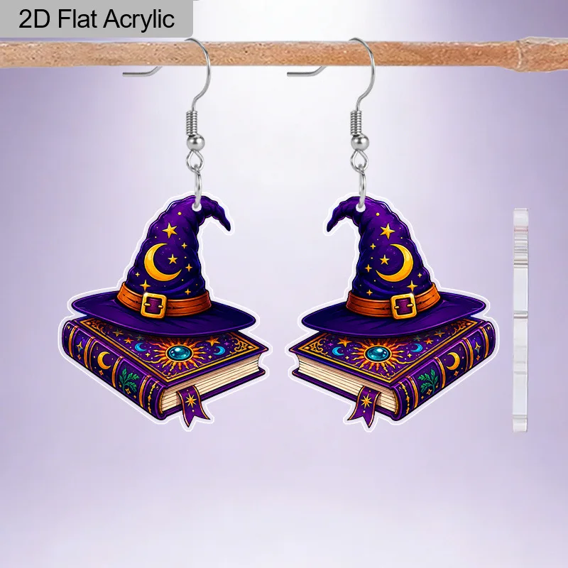 2D Halloween Purple Hat Earrings Moon Star Printed Acrylic Pendant Goth Book Costume Jewelry Gifts for Women Charms