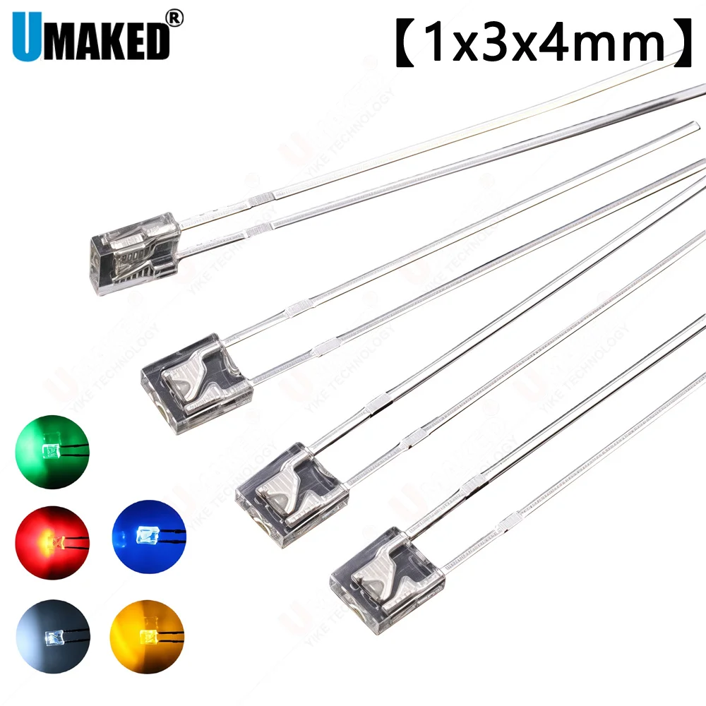 1000pcs 1x3x4mm 28mm leg Square LED SMD Diodes Bead White Red Green Blue Yellow Rectangular 2V 3V DIY PCB Lights Emitting Lamp