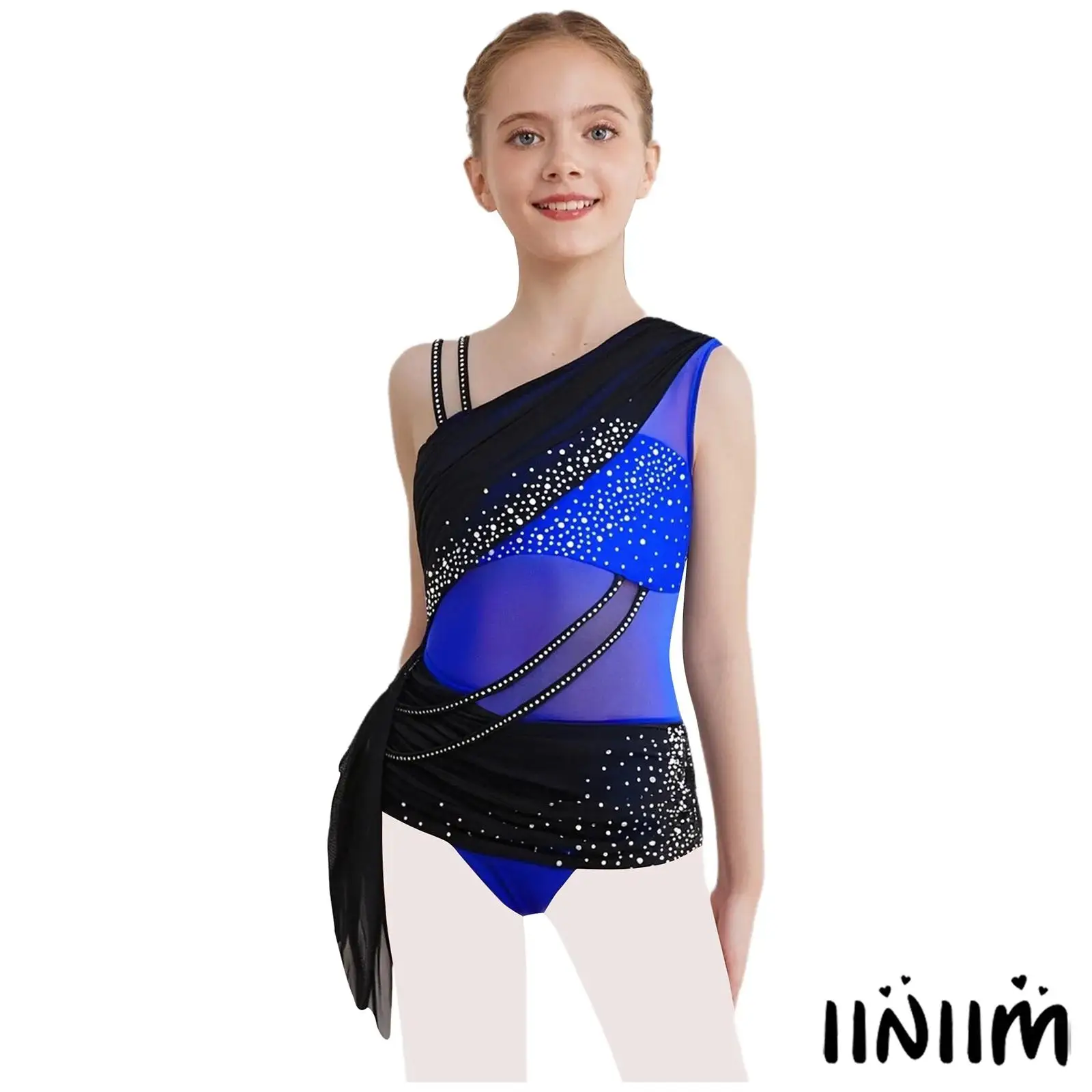 Traje de baile de Ballet lírico con bloques de Color para niñas, malla transparente, superposición fruncida, diamantes de imitación brillantes, vestido latino de Ballet, Ropa de baile