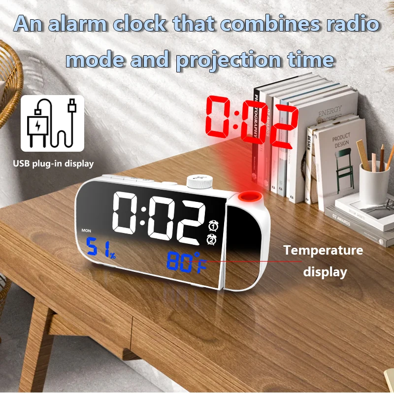 1pc FM Radio 180° Projection Alarm Clock, Voice Control/Always On Temperature And Humidity Week Display Knob Infinitely Adjustab
