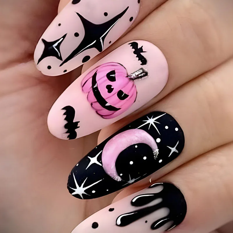 

24Pcs Long Almond Press on Nails - Halloween Party Design with Pink Pumpkin, Moon, White Stars and Black Bat Stars