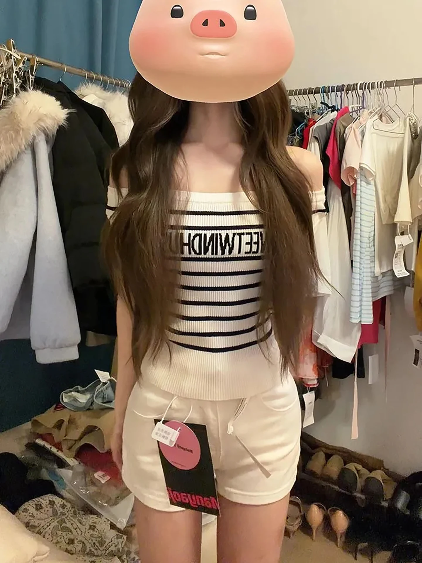 Shoulder Bared Knitted Sweater Women's Slim Fit Striped Fashionable Korean Style Summer New Arrival Breathable Soft Material