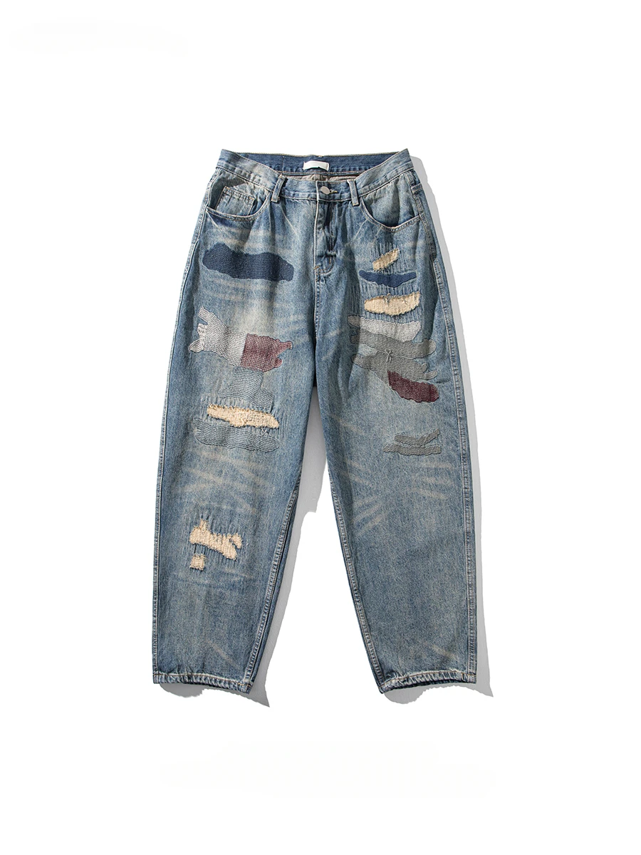 

Men's High Street Washed Distressed Patch Jeans Trendy European and American Niche Hip Hop Versatile Casual Straight Denim Pants