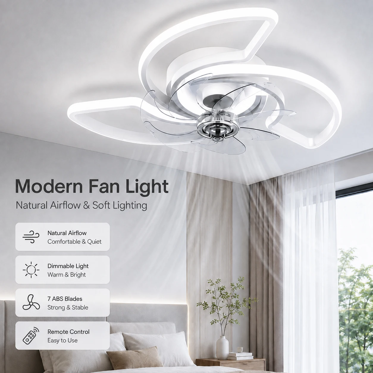 60cm LED Ceiling Fan with Light 48W, 7-Blade Low Profile Fan Light, 6 Speeds, Remote & APP Control, Reversible, Dimmable
