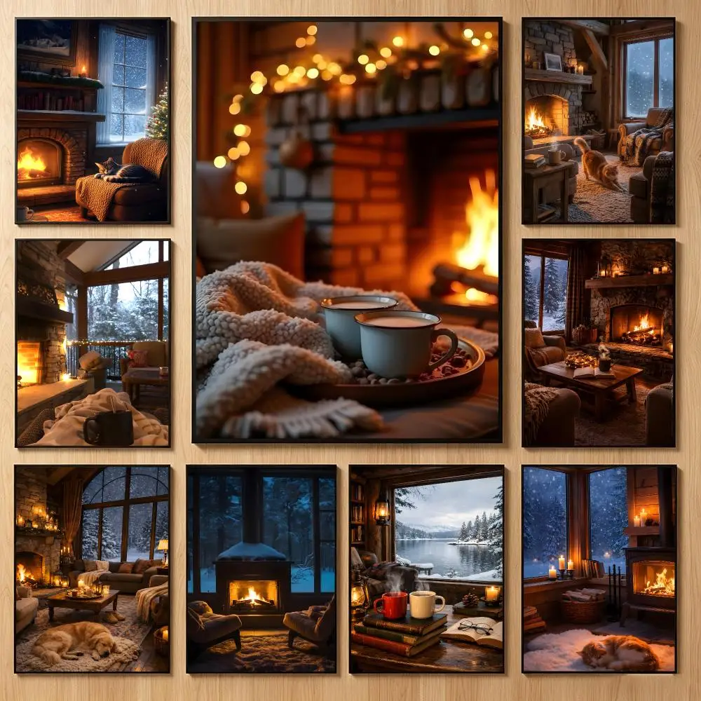 Warm Seasonal Art W-Winter Fireplace Hot Cocoa Poster Classic Self-Adhesive PP Wall Sticker for Living Room Bar Decor Gift