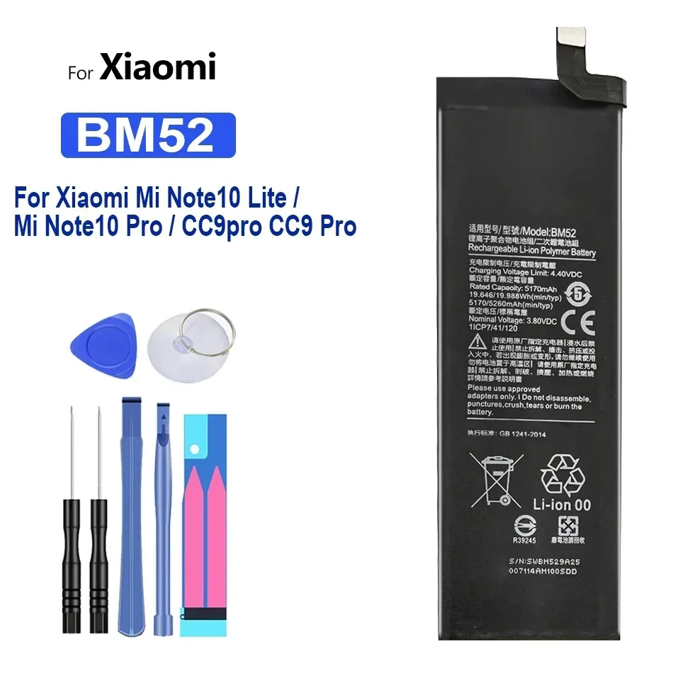 Batterie avec outils pour Xiaomi, BM52 BM 52, 5260mAh, Mi 10, Note Lite, 10, 10Pro, Cc9pro, CC9 Pro