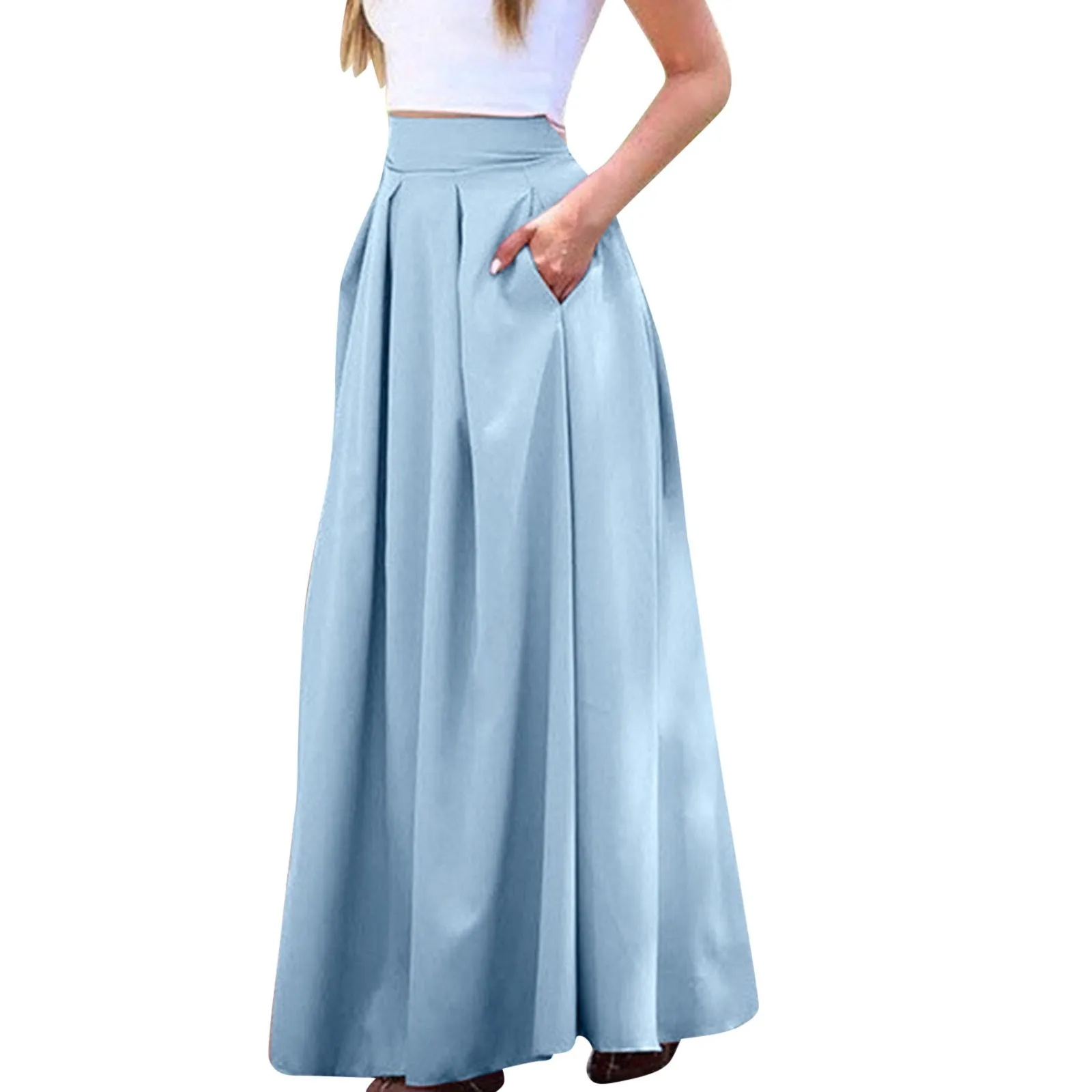 

2023 Women's Vintage Pleated Long Maxi Skirt High Waist Evening Party A Line Skirt Stretch Full Length Casual Skirts Wholesale