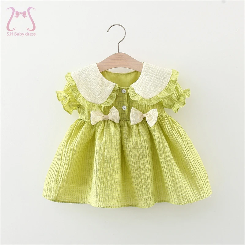 

New Baby Girl Children's Clothes Lantern Sleeve Summer Bowknot Toddler Dresses Thin Lapel Kids Costume 0 To 3 Years Old Infant