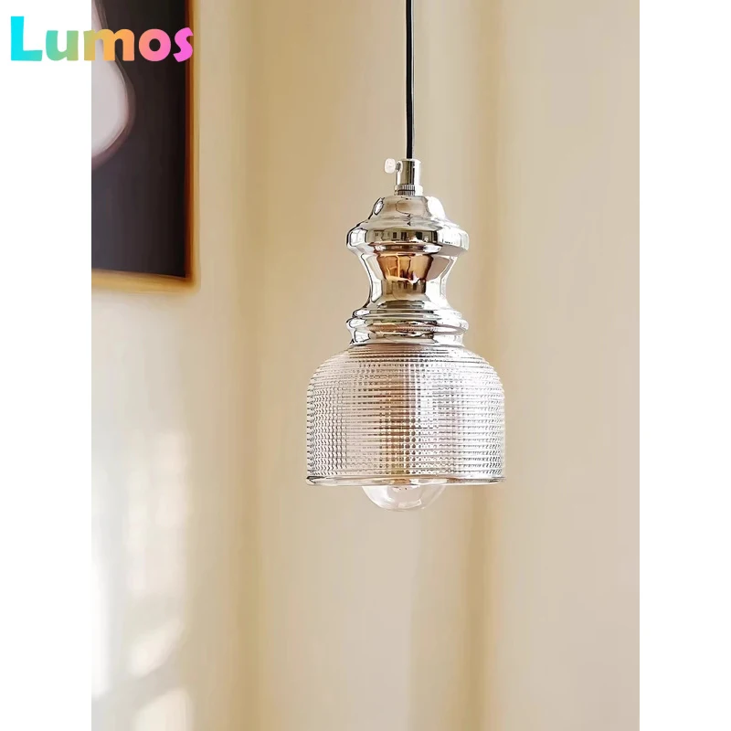 

PF Vintage Glass LED Pendant Lamp Silver Bauhaus Bedroom Bedside Hanging Light Kitchen Island Bar Restaurant Modern Creative Lig