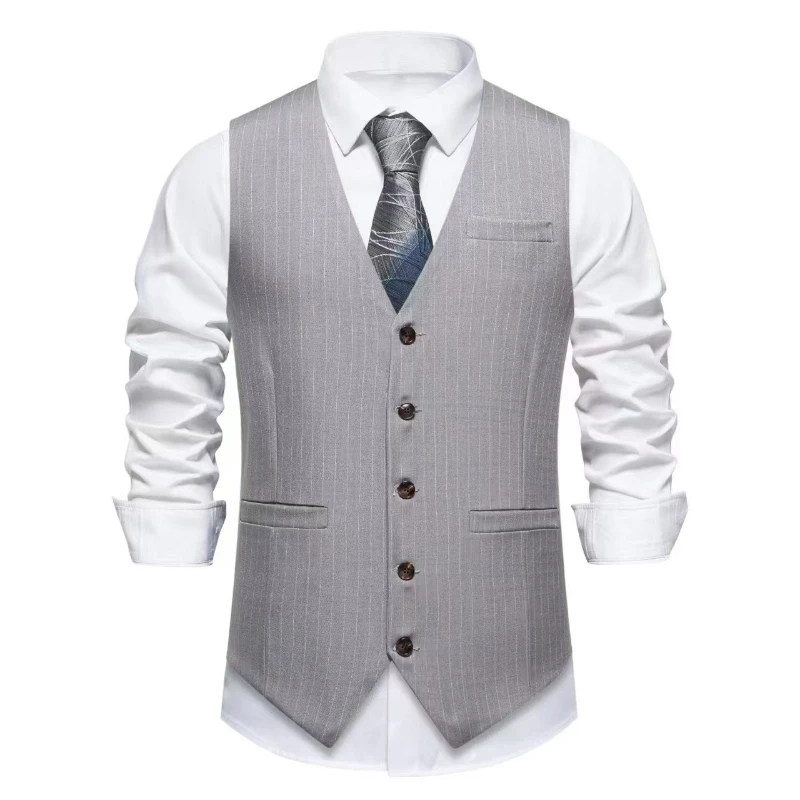 2026 New Red Striped Suit Vest For Men,Fashion Business Formal Wear Casual Khaki/Black Stripes Waistcoats