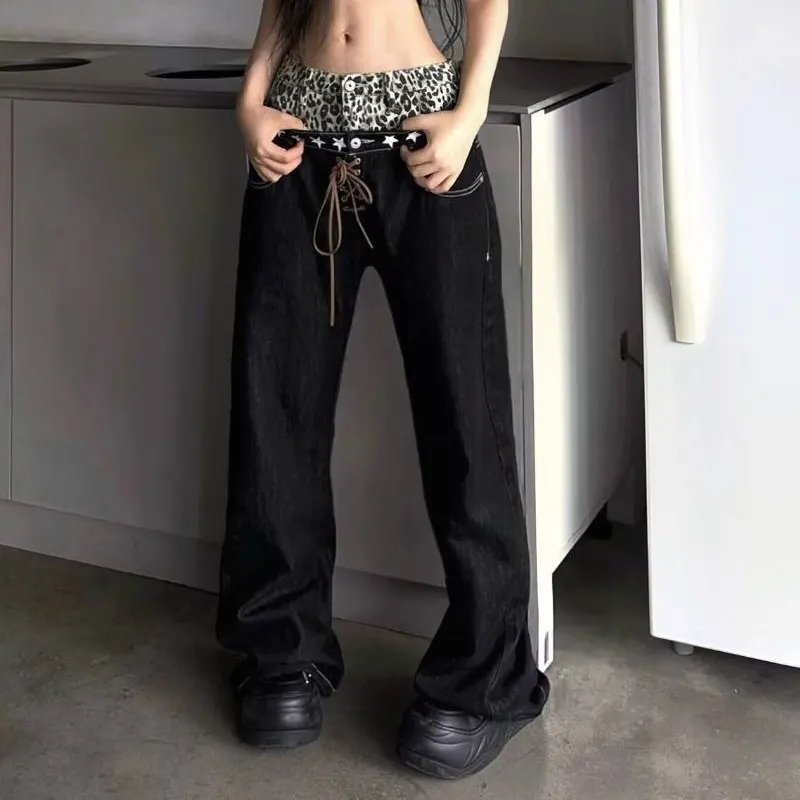 Fashionable Drawstring Leopard Print Jeans Wide Leg Women's Clothing Star Denim Pants American Retro Loose Patchwork Trousers