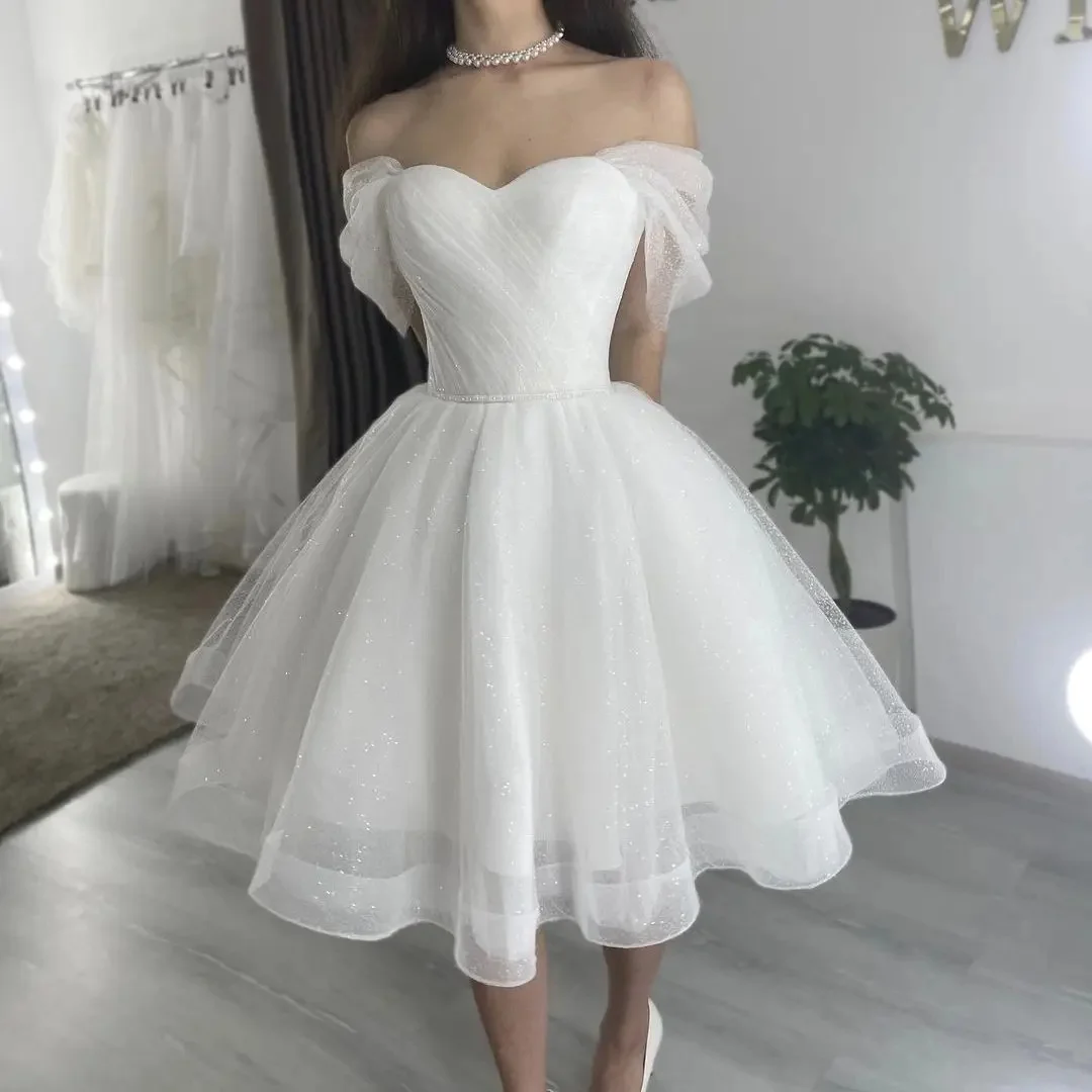 Knee Length Wdding Dresses Off Shoulder Sweetheart Pleats with Belt Ball Gown Formal Party Bride Gowns Special Occasion Gowns