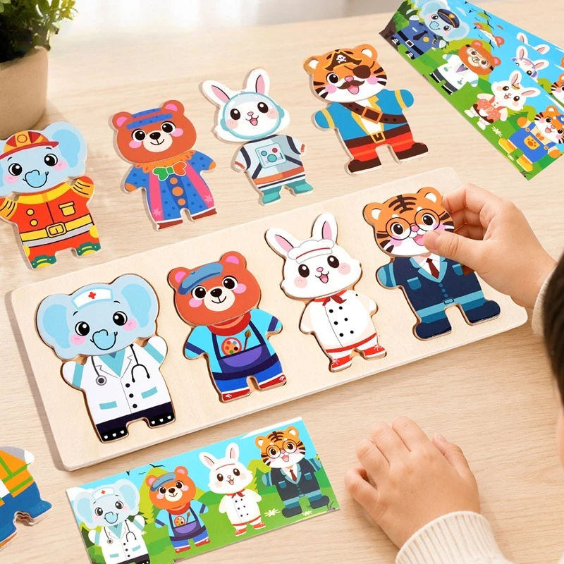 Childrens Wooden Animal Costume Chang Jigsaw Puzzle Board Dress Matching Set Cognitive Educational Fun Build Blocks Toddler Toys