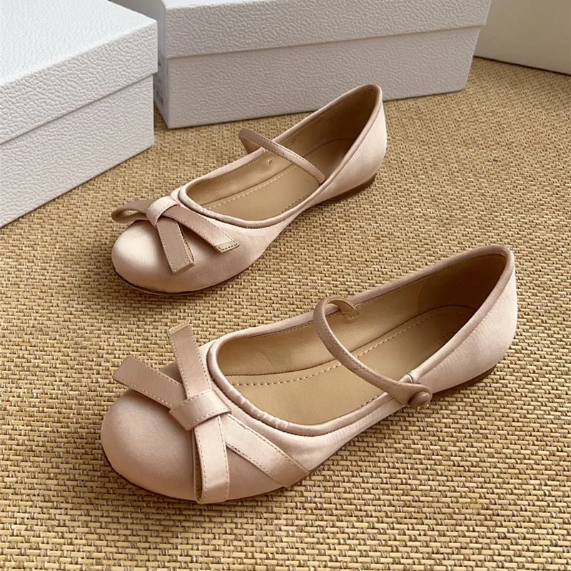 Fashion Satin Bowknot Mary Janes Women Ballet Flats Spring Autumn Comfortable Shallow Strap Buckle Lolita Girls Dance Shoes