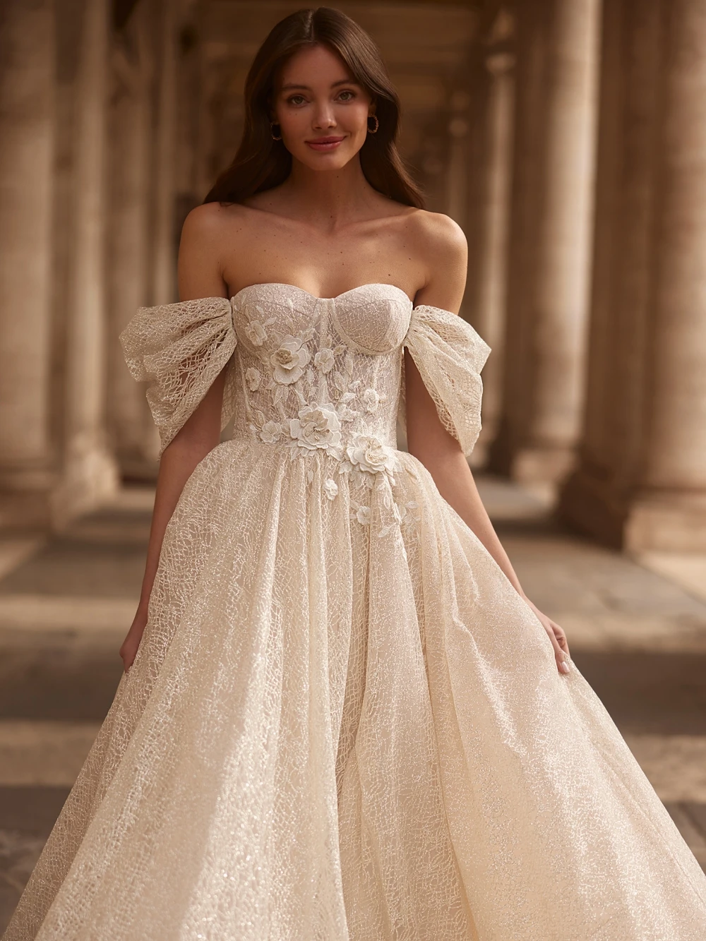 Abito da sposa con maniche staccabili Glitter A-line Abito da sposa lungo con fiori 3D Abito da sposa con scollo a cuore Abito da sposa personalizzato Robe De Mariée