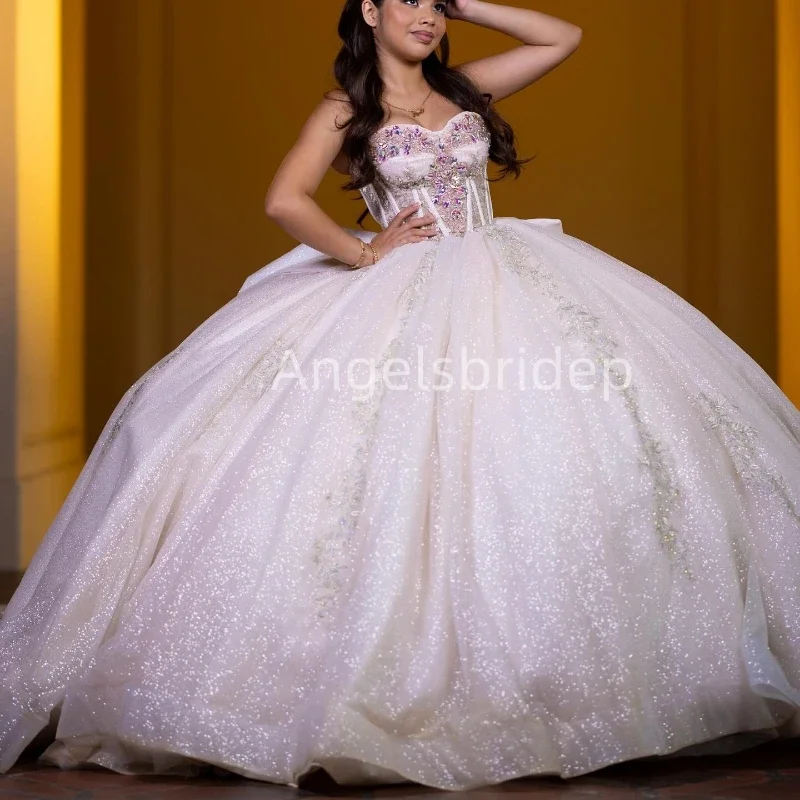 Angelsbride Ivory Shiny Mexican Quinceanera Dress 2025 Ball Gown Applique Lace Sequins Beading Tull Sweet 16 Vestidos De 15 Años