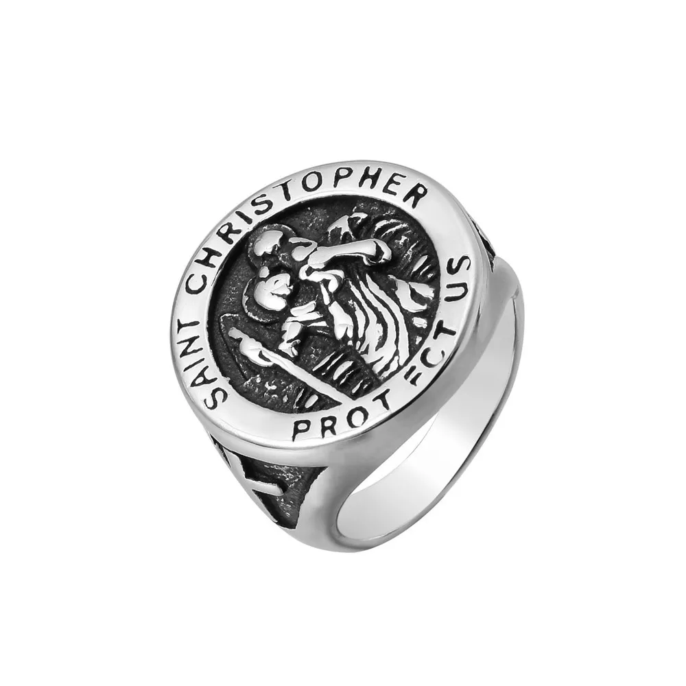 Punk Rock Titanium Steel SAINT CHRISTOPHER Protect US Round Finger Rings for Men Jewelry Size 7-13