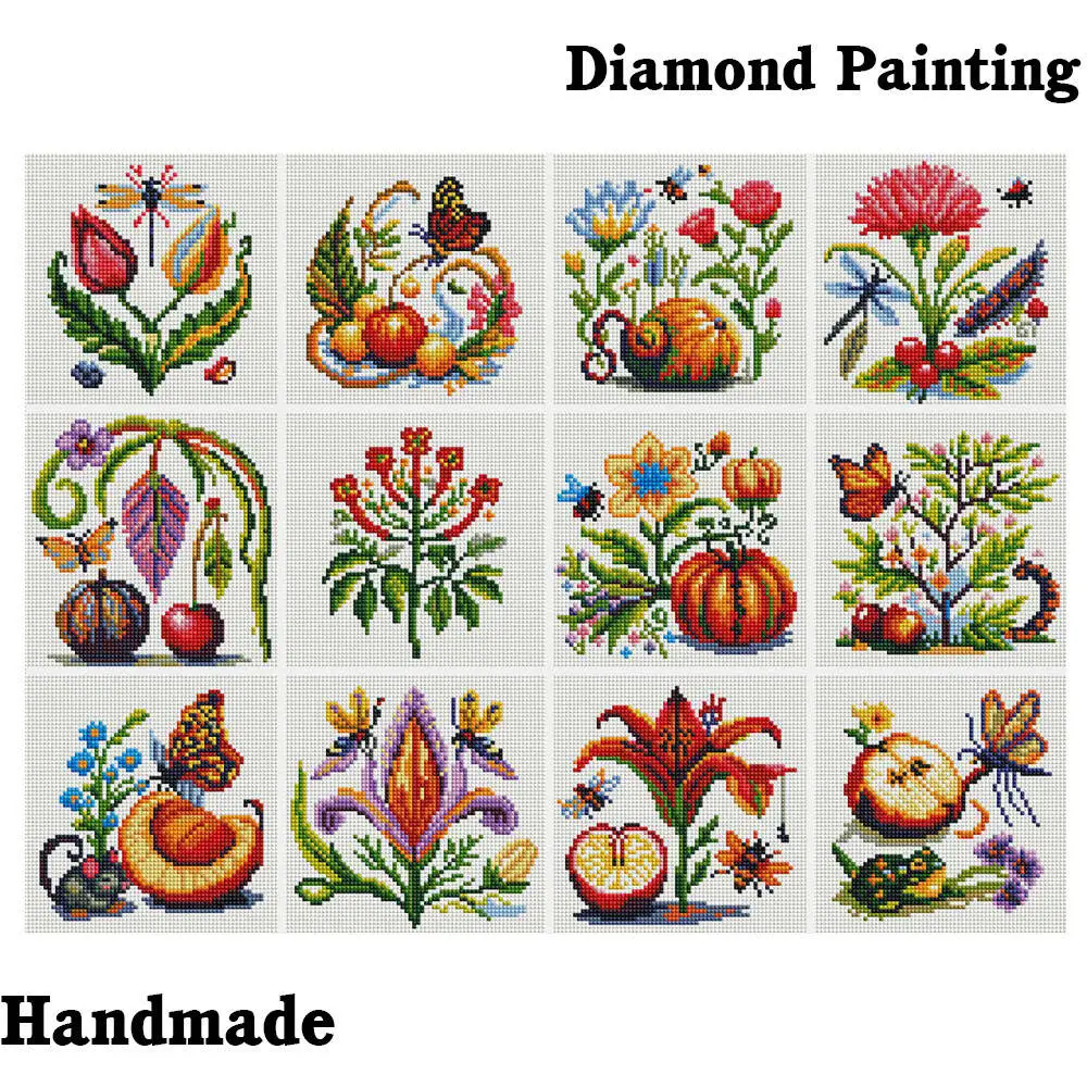 12Pcs 5D Diamond Painting Flower Animal Fruit DIY Round Diamond Embroidery Handmade Decoration For Home