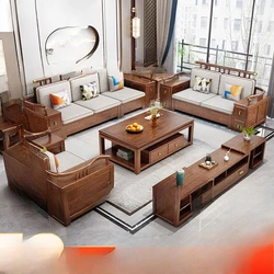 2Golden sandalwood  solid wood sofa living room combination small apartment light luxury high box storage Chinese style