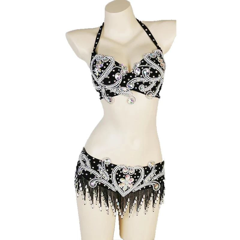 ชุดเต้นระบำหน้าท้องคริสตัลคริสตัล+เข็มขัด ชุด 2 ชิ้น สำหรับผู้หญิง ชุดเต้นระบำหน้าท้อง งานคาร์นิวัล แซมบ้า โชว์ ชุดบิกินี่ ชุดปาร์ตี้ ชุดคลับ ชุดบาร์