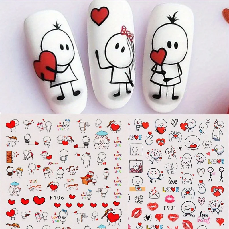 2Cartoon love character nail stickers——Red heart and lips design，Self-adhesiveDIYNail stickers，Suitable for holiday manicures、Va