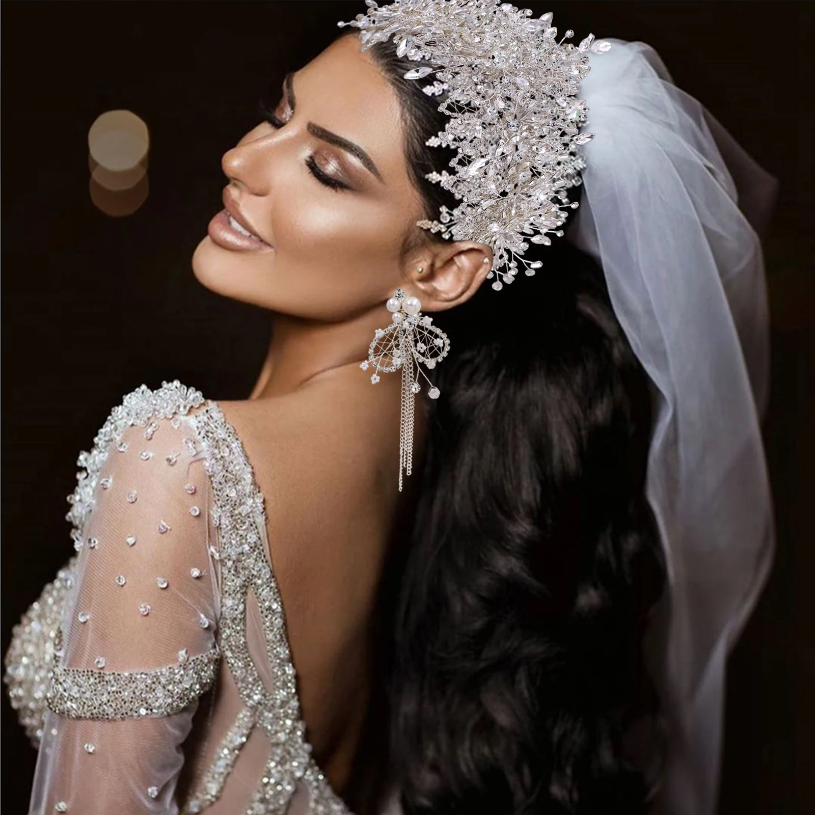 Tiara da sposa in argento con strass che borda lussuoso Set di gioielli con testa a corona da sposa copricapo e orecchini abito da principessa originale