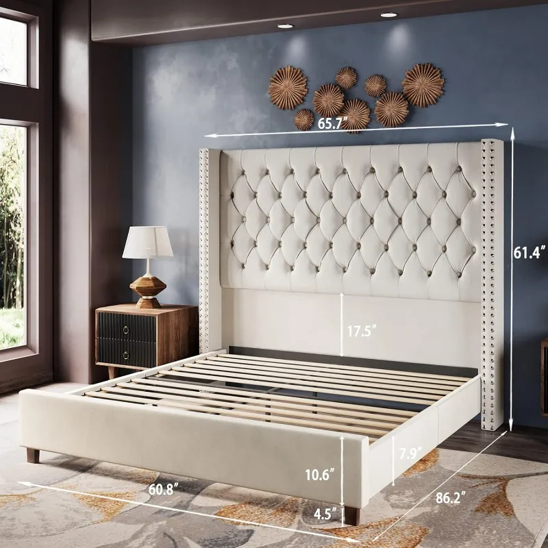 

Velvet Upholstered Bed Frame Queen Size 61.4" Tall Headboard Queen Bed Frame/Deep Button Tufted/No Box Spring Needed/Cream