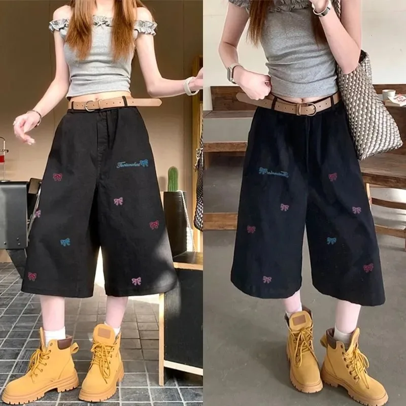 Women's Black Wide-Leg s Bow Embroidery Casual High-Waist Pants