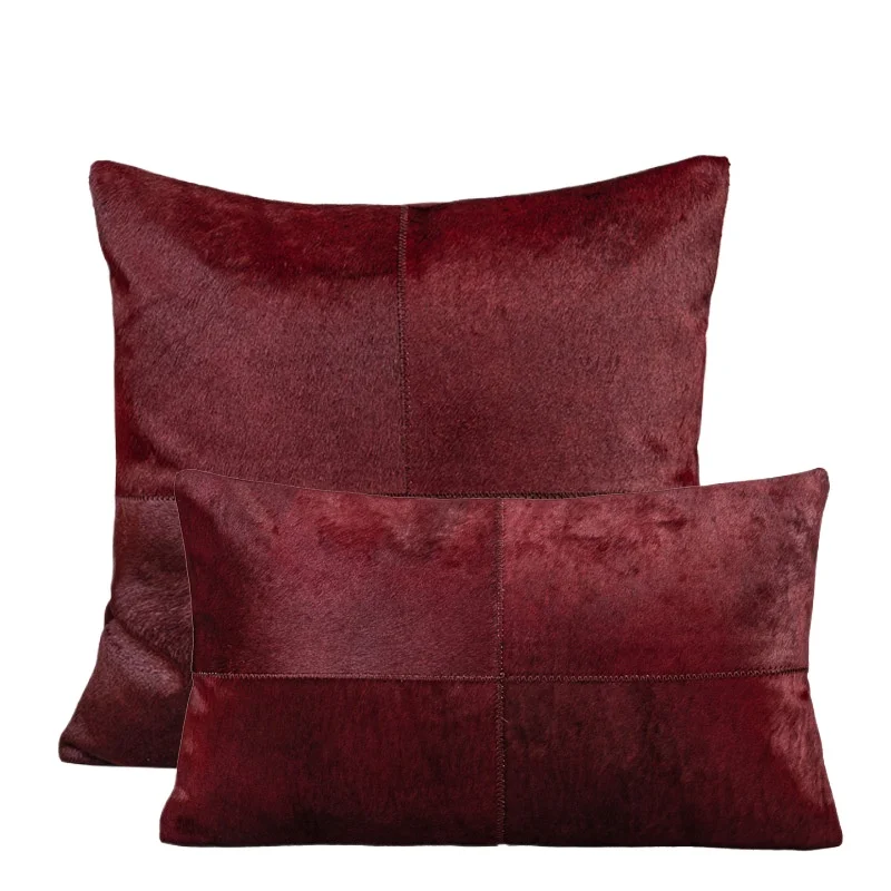 Modern Light Luxury Cushion Cover Wine red Four Spliced Genuine Cowhide Leather Waist Pillowcase For Sofa High end Villa Room