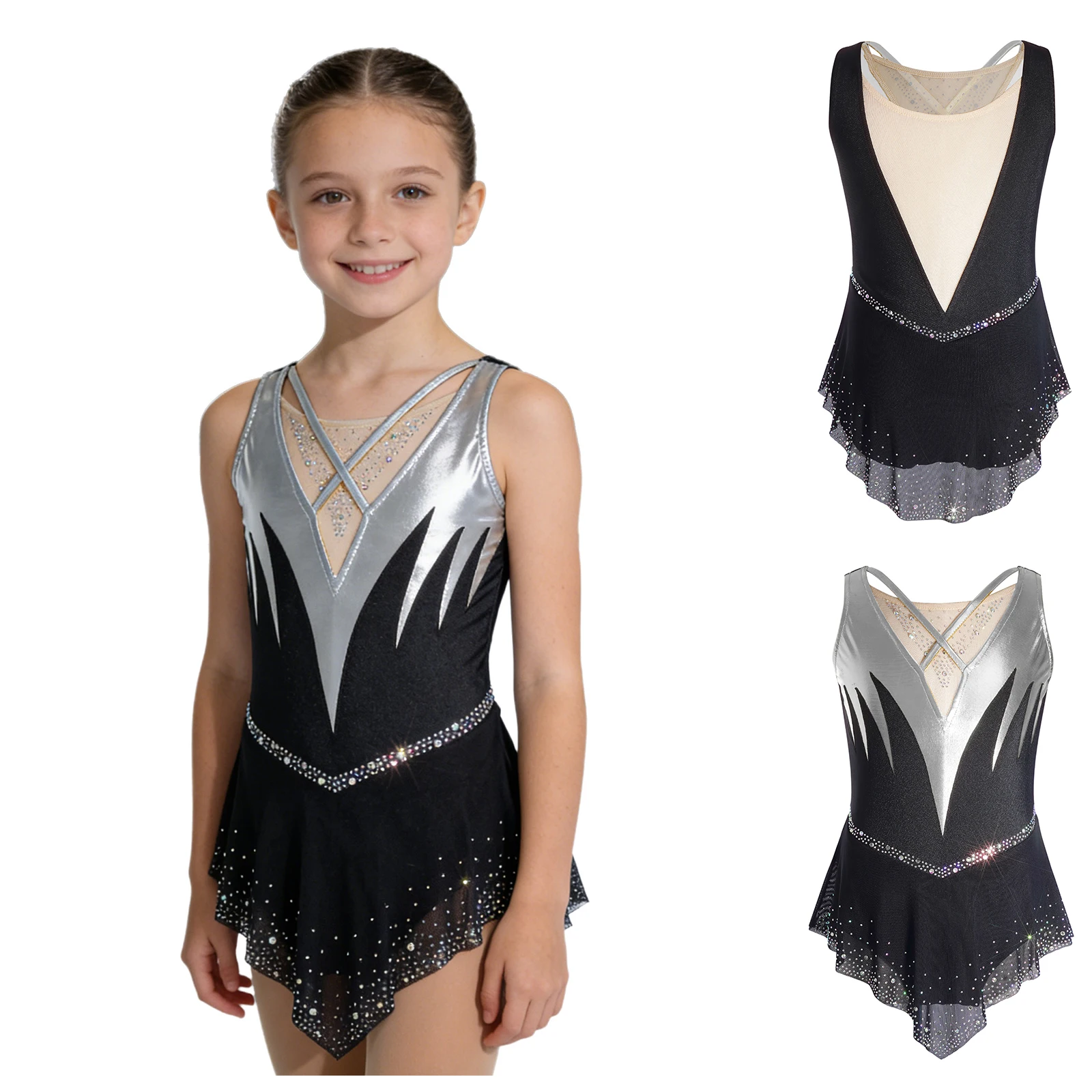 Children Girls Figure Skating Gymnastics Acrobatics Ballet Dance Leotard Dress Sleeveless Metallic Rhinestone Mesh Dancewear