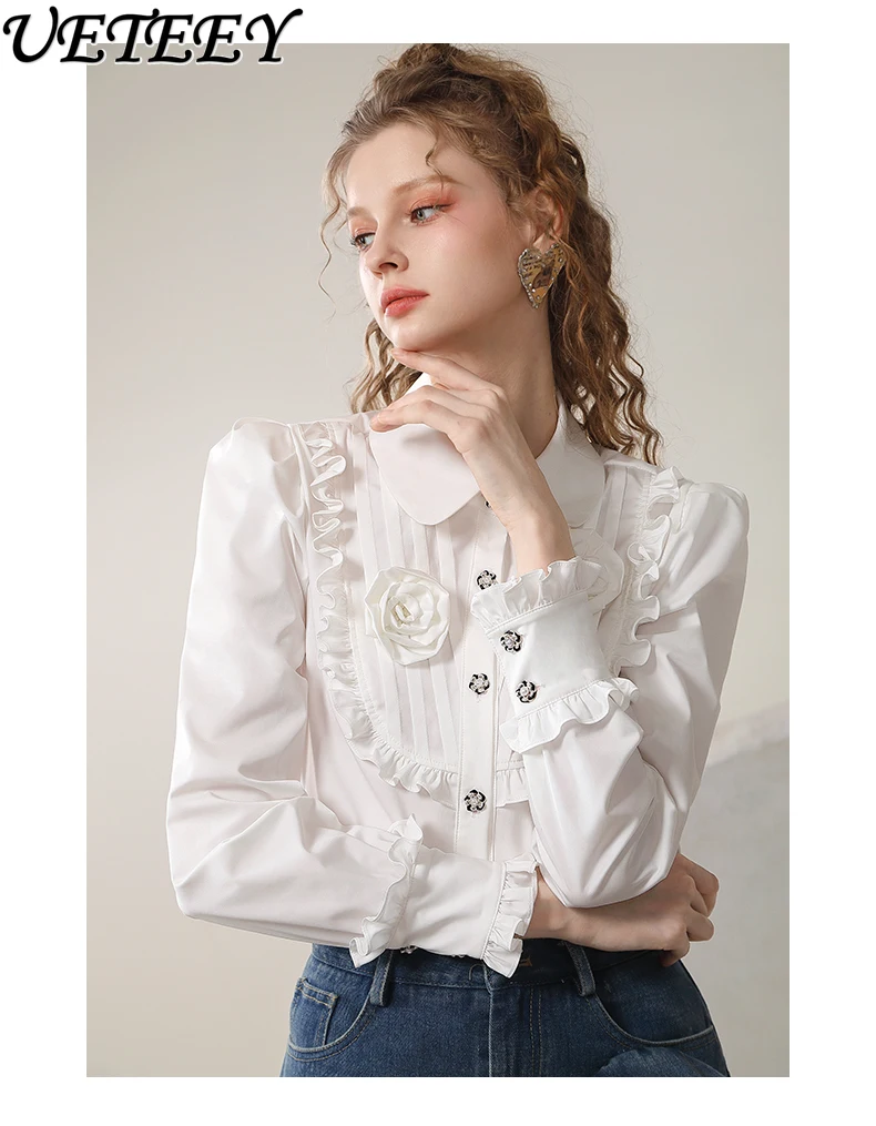 

Romantic Aura Personalized Button White Shirt Top 2024 Spring Summer New Three-Dimensional Flower Pleated Blouse Tops for Women