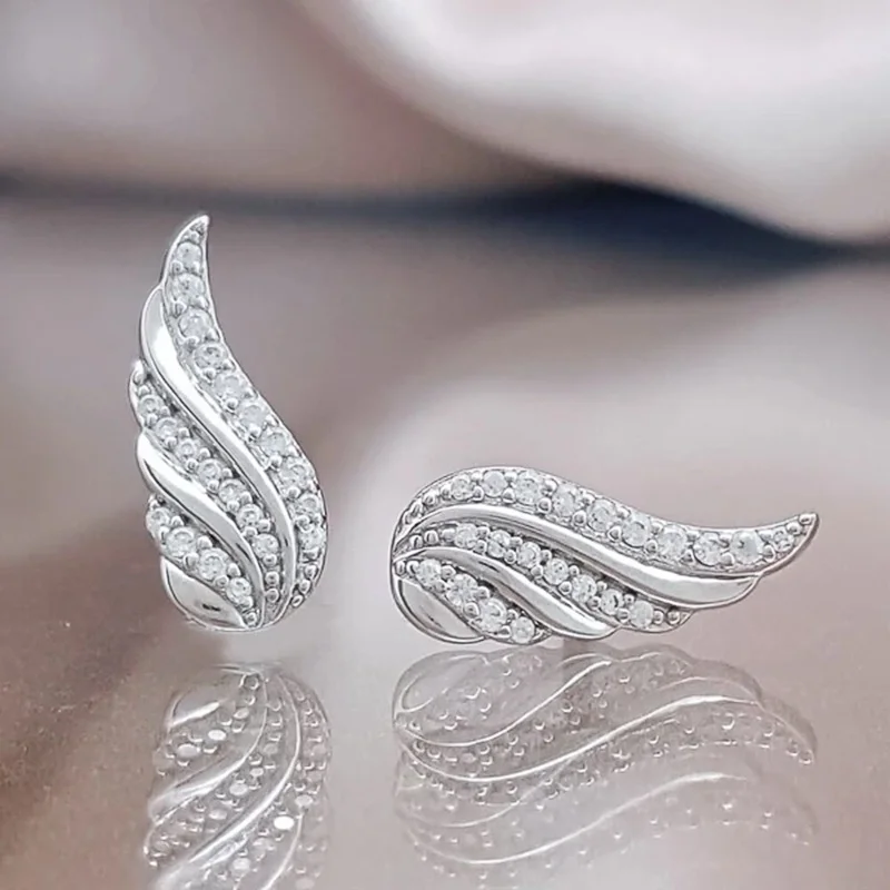 Exquisite Micro Pave Cubic Zirconia Angel Wings Stud Earrings for Women Valentine\'s Day Cute Princess Daily Casual Accessories