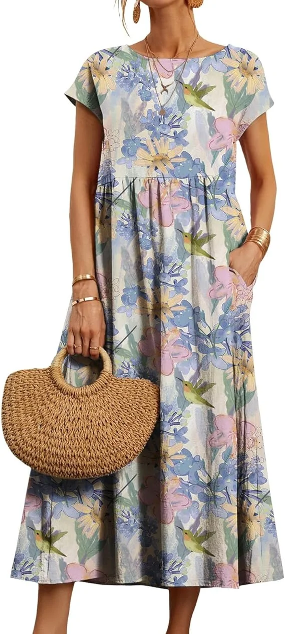 

Women's Casual Loose Boho Floral Dress with Pockets Short Sleeve Long Summer Beach Swing Dress S-3XL