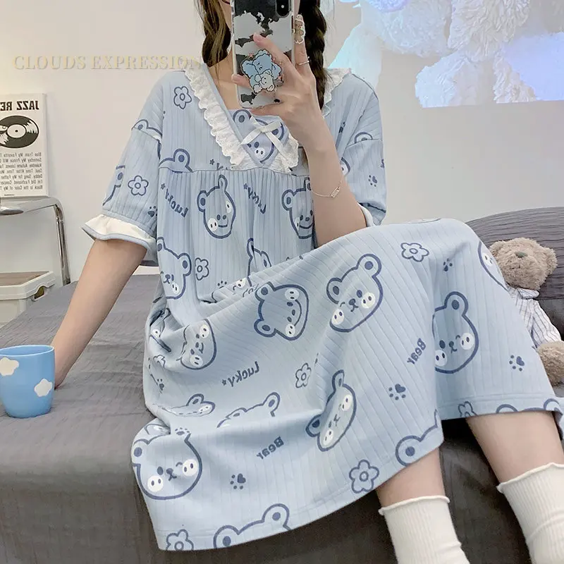 Summer New Knitted Cotton Kawaii Girls Checked Sleep Dress Women\'s Nightgowns Nighttie Sleepshirts Ladies Dresses Home Fashion