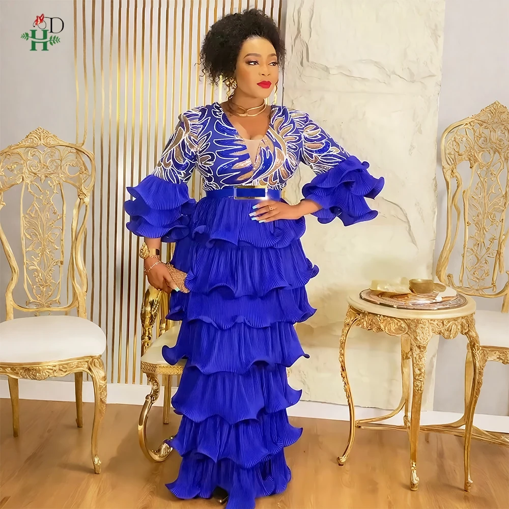 

H&D African For Women Plus Size Maxi Dress V-Neck Floral Embroidery Gown Ruffled Bell Sleeves Weddings Party Christmas Robe New
