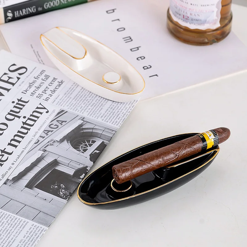 

Black/White Ceramic Ashtray Sail-shaped Cigar Ashtray Single Cigar Ashtray Inlaid Gold Border Smoking Accessories