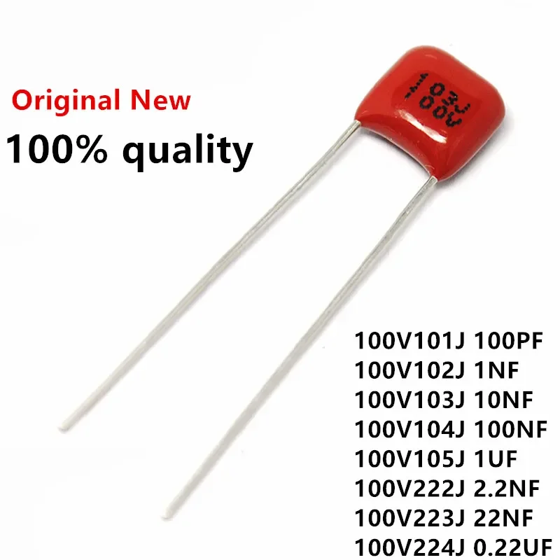 50PCS 100V 101J 102J 103J 104J 105J 222J 223J 472J 473J 0.01UF 0.1Uf 1UF 1NF 2.2NF 4.7NF 10NF 100PF P=5MM CBB Capacitors P5