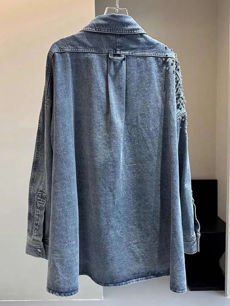 High Street Zware Industrie Strass Blauw Denim Jasje Shirt Losse Casual Spijkerjack 2024 Lente Herfst Nieuwe Dameskleding