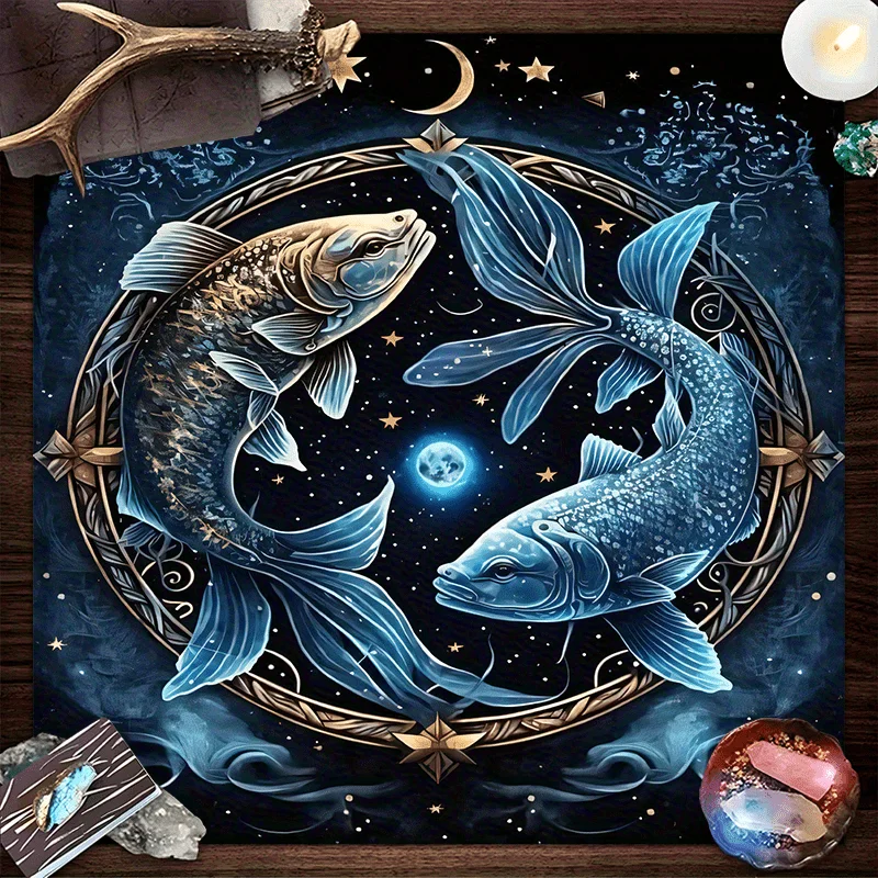 Celestial Zodiac Fish Altar Cloth – Moon & Stars Witch Tablecloth for Tarot, Mystic Decor, Seasonal Occasions