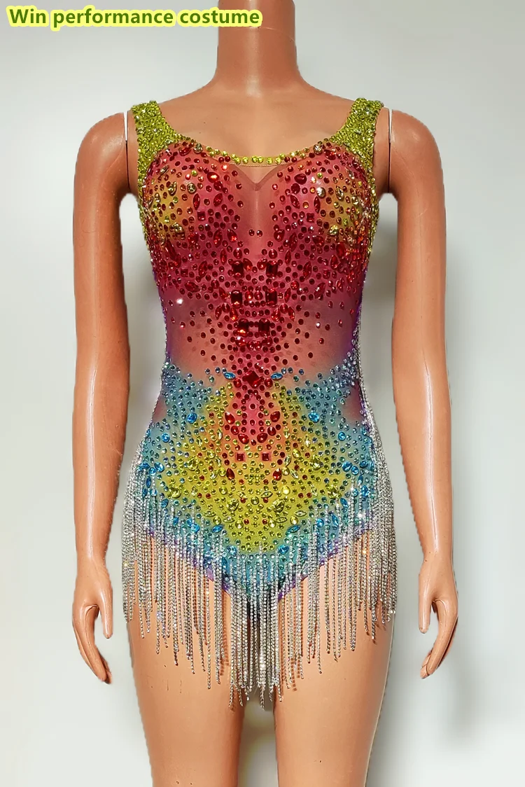 Dazzling Full Of Diamonds Tight Fitting Sexy Mesh Suspender One-Piece High Fork Chain Singer Nightclub Bar Performance Costume